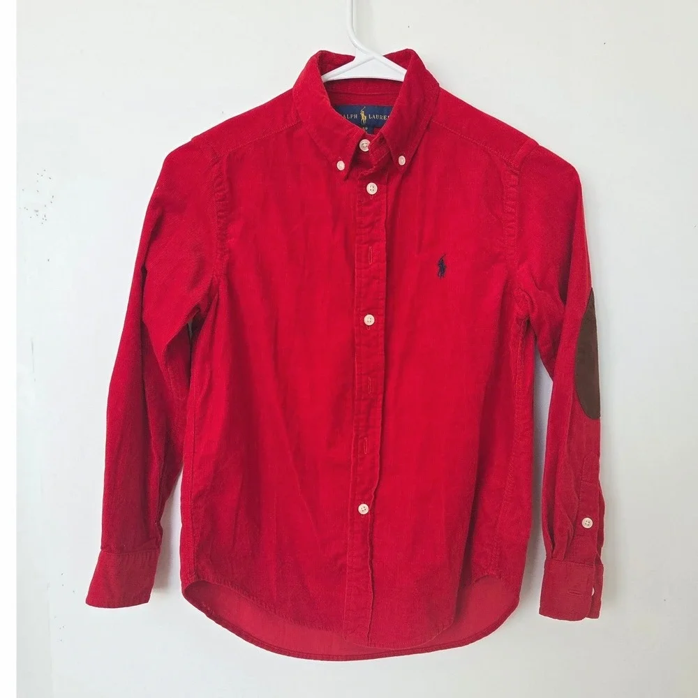 Ralph Lauren Kids Red Corduroy Button Down Shirt Elbow Patches Size 8 S/P